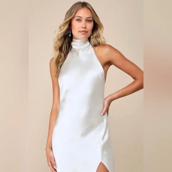 Satin High-Neck Midi Dress with Side Slit - Ivory - Picture 3 of 5
